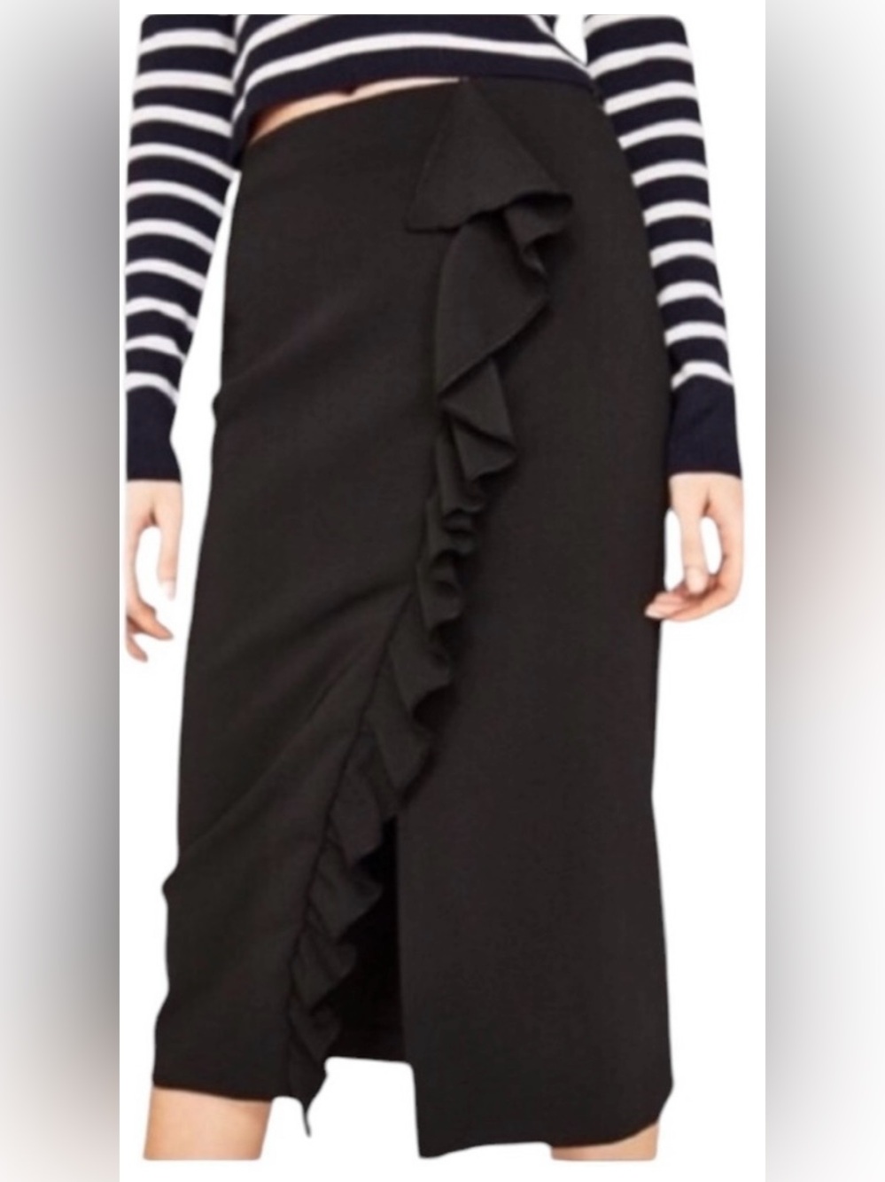NWT Zara Black Ruffle Midi Pencil Skirt Size MEDIUM 7149/056/800 NEW